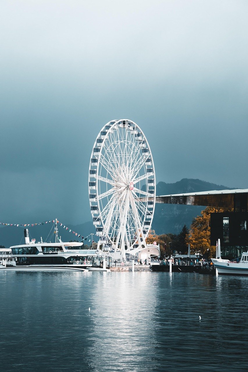 Home river, ferris wheel, buildings, camper, van, camping, cities, city, europe, explore, adventure